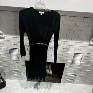 Questions V Neck Black Sweater Dress NWT Size Large. Belted and Ruffled Hemline